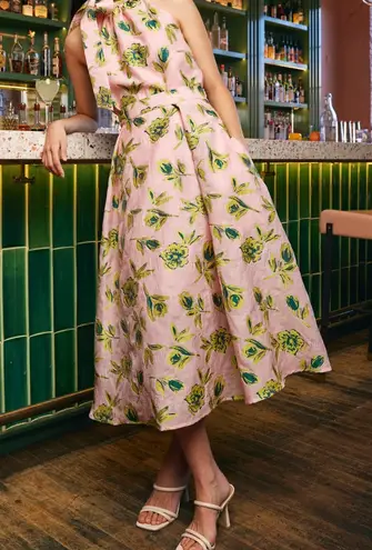 Abbey Glass Eden Midi Skirt Pink Tropical Tulip Jacquard Size M