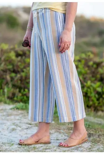 J. Jill XL Pants Cropped Wide Leg Linen Blend Striped Beachy Resort Sustainable Tan