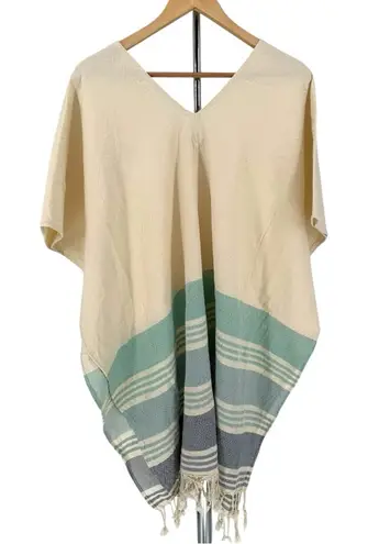 Tribe Alive Causebox Ivory Blue Cotton Fringe Poncho Swim Beach Coverup One Size