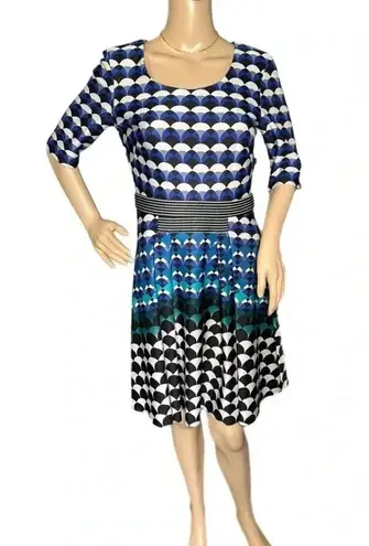 Gabby Skye Geometric Half Sleeve Fit Flare Dress Blue Black Gold Zip Womens 4