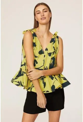 Jason Wu RTR Floral Sleeveless RuffleV Neck Top Tie Straps 10 Yellow Navy Blue