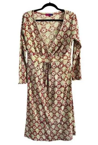Nila Rubia Pink Green Paisley Hand Block Print Faux Wrap Long Sleeve Dress Large
