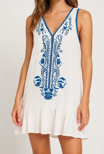 Dee Elle Dee Elly Embroidered Tank Top Sleeveless Bohemian Casual White Blue Size L