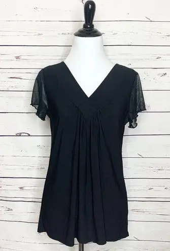 Ava James  Solid Black V Neck Sheer Sleeve Blouse Top Size Medium