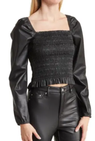 Avec Les Filles Faux Leather Smocked Top Size Medium Black