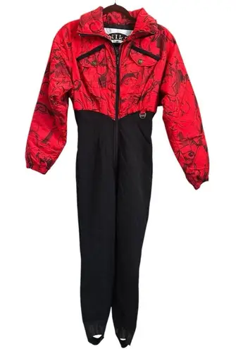 Vtg 80s Skiwear One piece Snowsuit NILS Snow Bib Red and Black Women sz 6