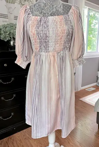 Ophelia Roe Smocked Puff Sleeve Pink & Purple Striped Mini Dress – Size Small