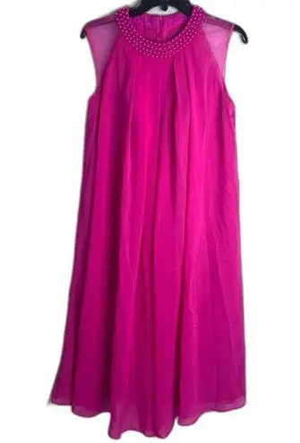 LT Lan Ting NWT Hot Pink Pearl Collar Aline Chiffon Overlay Midi Dress Sz SM