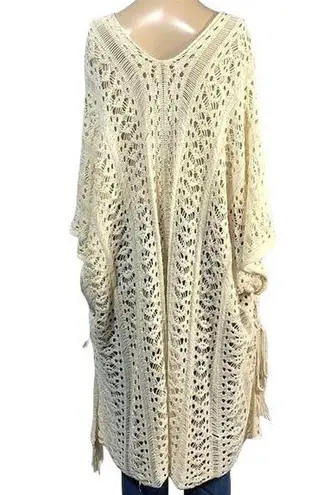 Boutique Womens Lacey Knit Crocheted Pullover Poncho Sweater Coverup Tan OS