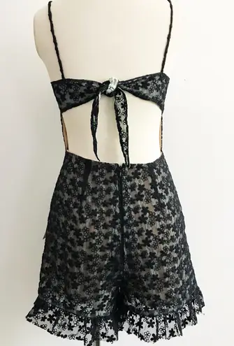 Lace Embroidered Ruffle Open Back Tie Romper Blue