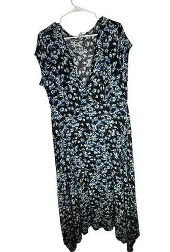 LASCANA for VENUS Black Floral Surplice Midi Dress XL Blue