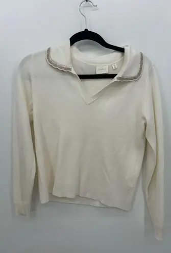 Cyrus Women Cream Long Sleeve Johnny Collar Pullover Sweater Minimalist Size S