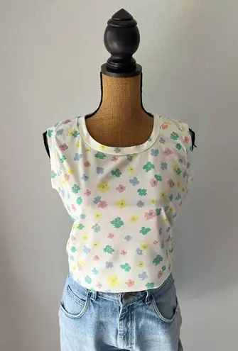 Vintage 70s Lucky Tops Multicolor Floral & White Sleeveless Top Size undefined