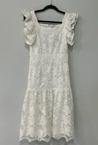 INA NWT White Ruffle/Short Sleeve Scoop Neck Midi Lace Drop Waist Dress Sz Small