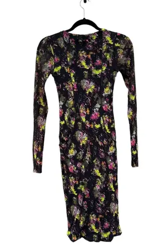 Jean Paul Gaultier Soleil Fuzzi Black Floral Print Mesh Bodycon Dress Medium