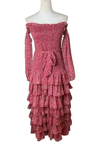 Likely Mitzie Ruffle Tiered Midi Dress Size 10 | Red Floral Off Shoulder Smocked