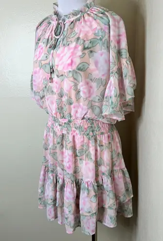 Entro Blouson Dress LARGE Floral Tiered Ruffle Mini Smocked Peasant Feminine