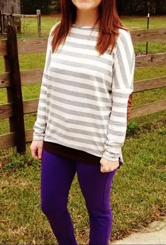 Always Me Grey & White High Low Striped Long Sleeve Top Small