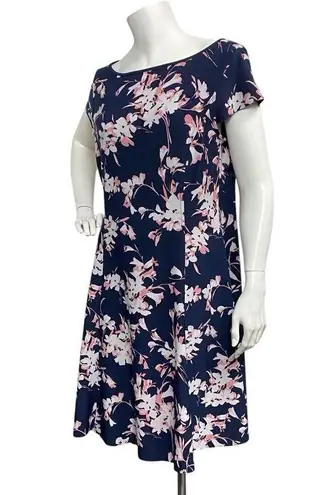Tahari Women’s 12 Petite Dark Blue Pink Floral Print Knit Cocktail Skater Dress