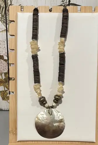 Artisan Made Shell Pendant & Silver Tone and Mixed Metal Beads Brown