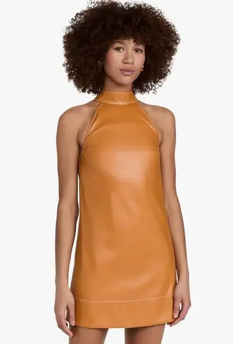 STAUD Siciliy Halter Mini Faux Leather 70s Honey Color Dress