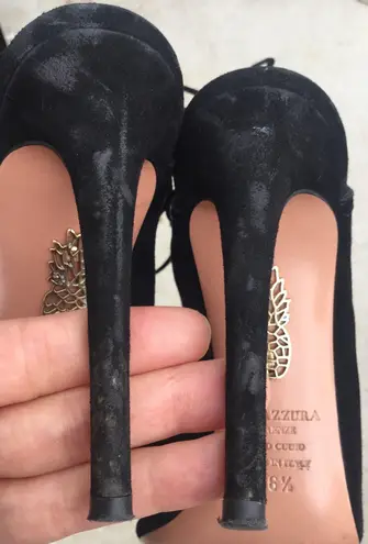 Aquazzura Mayfair open-toe black Suede lace-up bootie sandal size 36.5 US 6.5