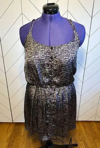 Cecico Womens Large Purple Beige Printed Silky Spaghetti Strap Button Mini Dress