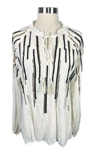 Free The Roses  White Long Sleeve Sequined Peasant Top - Size Large