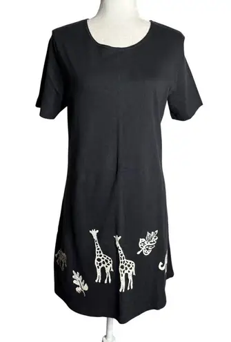 Vintage 90s Coconut Bay Black Petite Medium TShirt Dress Animal Stamped Painted