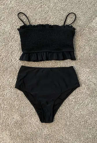 Shirred Bandeau Bikini Swimsuit Black