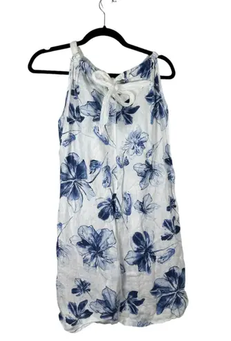 Bella Umbra Italy Linen White Blue Floral Resort Sleeveless Flowy Dress Medium
