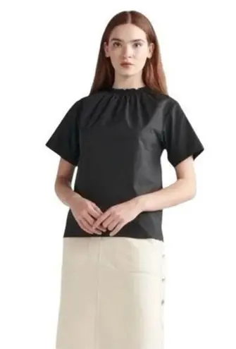 Thakoon Smocked Neck Tee Black Poplin Blouse Short Sleeve Lightweight NWT Size S
