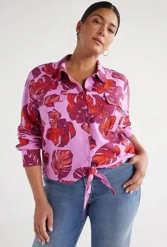 Sophia Jeans By Sophia Vergara Hawaiian Tropical Monstera Linen Blend Shirt XXXL Pink Size undefined