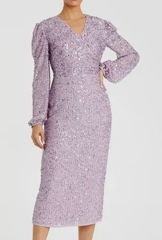 Mac Duggal Purple Sequin Puff Sleeve V Neck Midi Dress
