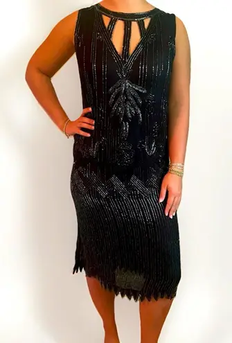 Vintage 1920s Style Art Deco Flapper Dress Black Iridescent Beaded Gatsby Dress Gold Size M
