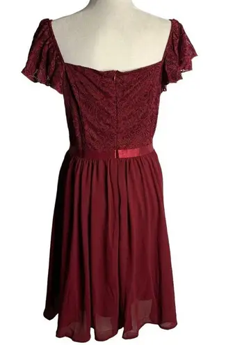 MissMay Retro Lace Chiffon Swing Dress L Wine Red Flutter Sleeve Lined Zip NEW Size L
