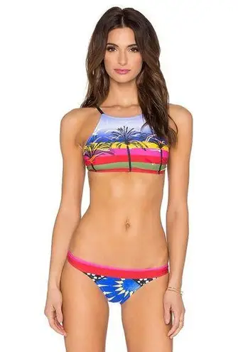 NEW Salinas M Runway High Neck Bikini Set MultiColor Palm Birds Swim Top Bottom Blue Size M