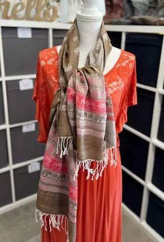 Sam Well Pashmina Long Cashmere Brown and Coral Red Elephant Patterned Scarf