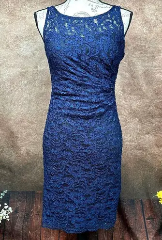 Aidan Mattox Beaded Lace Cocktail Dress Dark Navy Blue 2