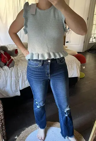 Goodnight Macaroon Women’s Small Blue Crochet Sweater Ruffle Top NWT