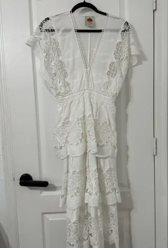 Farm Rio  Off-White Richelieu Midi Dress Size XS White Mini Dress Lace