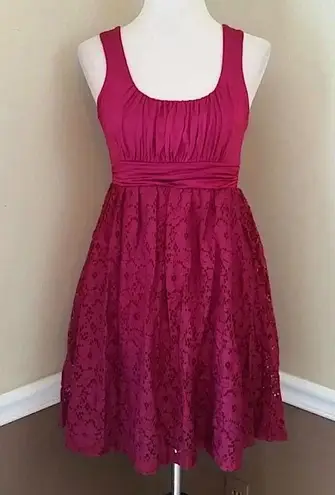 Maitai Modcloth Raspberry Wine Pleated Lace Overlay Stretch Jersey Party Dress