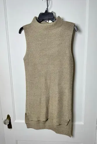 Tribal Chunky Knit Mock Neck Sleeveless Tank Tan Long Tunic Sweater Small Chic