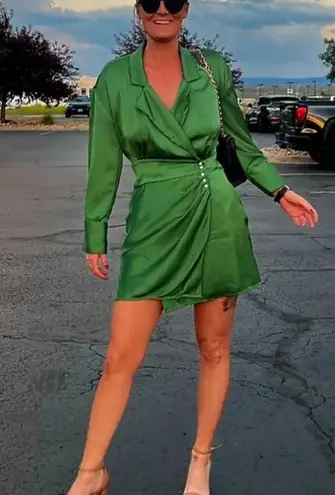 Ba&sh Green Mini Shirt Dress XS Wrap Designer Cocktail Satin Ruched Holiday $340