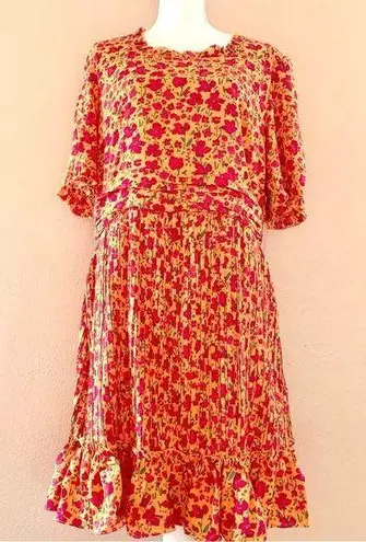 Ivy City Co Orange Pink Green Floral Print Pleated Dress