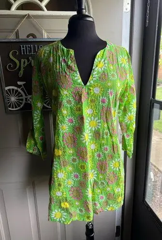 Vintage flower power green pink yellow cotton tunic, size medium