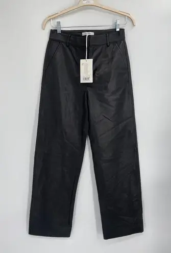 Frame Pleated Black Leather High Rise Straight Leg Pants Size 0 NWT