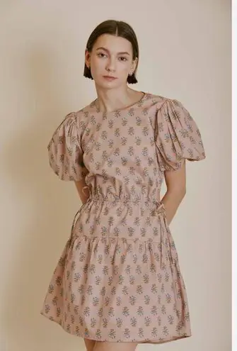 Aureum Pink Block Print Puff Sleeve Backless Cottagecore Milkmaid Mini Dress Size M