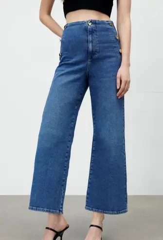 ZARA High Waist Cropped Flare Jeans Gold Button Details