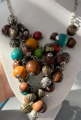Vintage Silver Tone Statement Necklace Wood Bib Tribal Boho Estate Adj 21" Brown